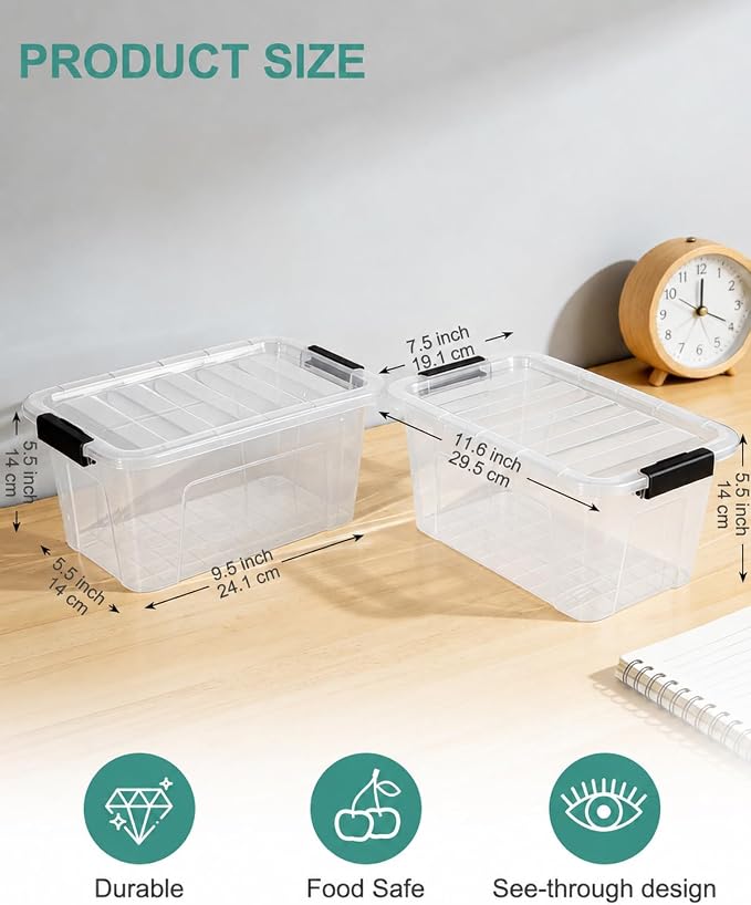 EOENVIVS Plastic Storage Bins with Lids 6 Pack, 7 Quart Storage Containers With Black Buckle Latch, Stackable Storage Organizers for Home Pantry Office Classroom Organization, Clear