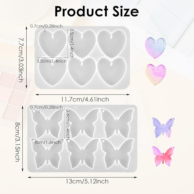 Butterfly Molds Silicone, 2 Pack Fondant Molds 6 Grids Epoxy Resin Mold with Hole Keychain Pendant Mold Heart Shape for DIY Crafts Jewelry Making
