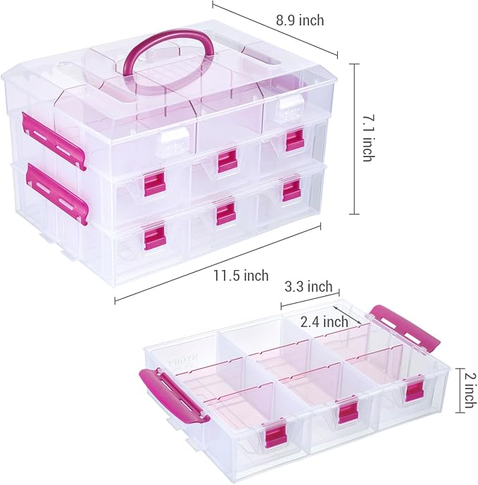 MyGift 11 Inch Clear Arts and Crafts Stackable Container, Sewing Supplies Storage Organizer Case with Pink Accents, 24 Customizable Compartments, and 6 Drawers with Removable Dividers