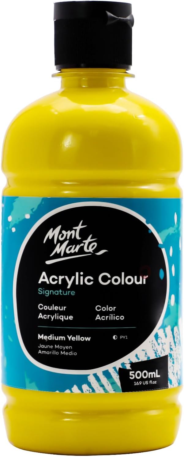 Mont Marte Signature Mid Yellow Acrylic Paint, 16.9oz (500ml), Semi-Matte Finish, Suitable for Canvas, Wood, Fabric, Leather, Cardboard, Paper, MDF and Crafts