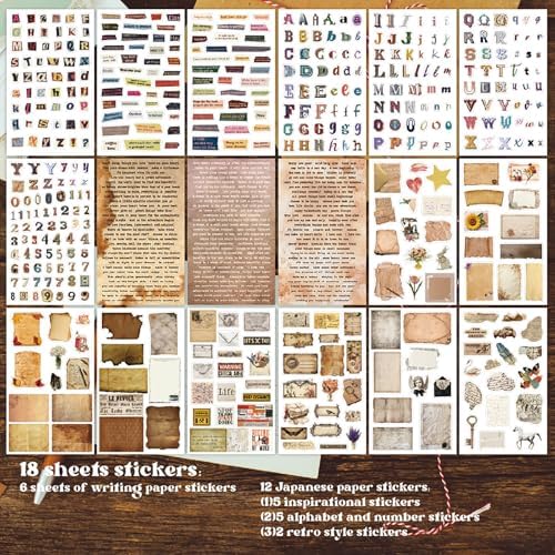 Doraking 38 Sheets Vintage Letter Washi Stickers and Scrapbook Papers for Journaling, Pre-Cut Aesthetic Washi Stickers Material Paper for Scrapbooking Junk Journal Supplies DIY Crafts Arts