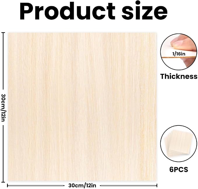 6 Pack Basswood Sheets 12 x 12 x 1/16 Inch Thin Wood Sheets for Crafts