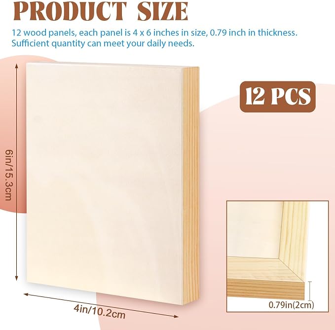 FSWCCK 12 Pack 4 x 6’’ Wooden Panel Boards, 0.79’’ Deep Unfinished Wood Canvas Panels for Crafts, Painting Canvas, DIY Art Projects, Pouring Arts