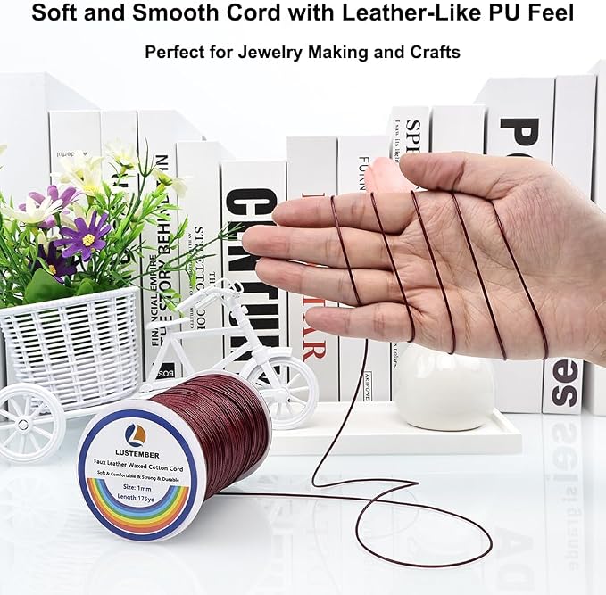 LUSTEMBER 1mm Faux Leather Waxed Cotton Cord, 175 Yards – Durable Necklace String, Soft and Textured Cord for Necklaces, Bracelets, and Jewelry Making