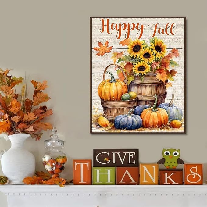 MIRCVSH Happy Fall Paint by Numbers for Adults with Framed Canvas-with Wooden Easel,Pumpkins Paint by Number on Canvas,DIY Painting Kits with Brushes Nice Gift Box for Home Wall Decor(12x16 Inch)