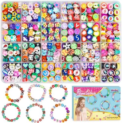 Gionlion 500 Pcs Polymer Clay Beads Bracelet Making Kit，24 Style Animal Fruit Flower Butterfly Bunny Pony Letter Beads Charms for Jewelry Making, DIY Art and Crafts Toys Gifts for 4+ Year Old Kids