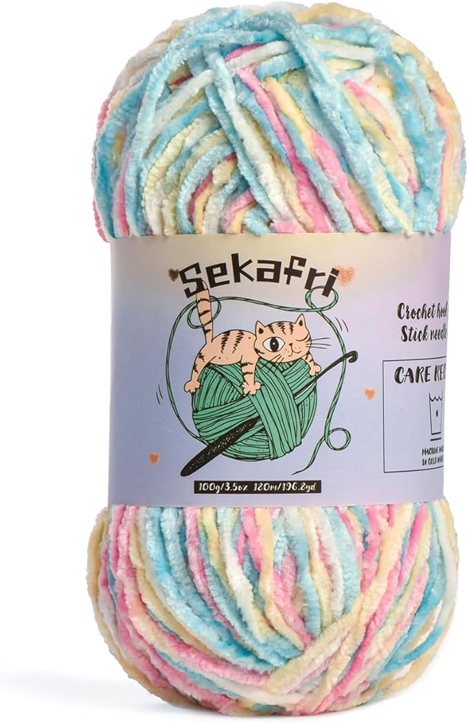 Fuzzy Chenille Yarn for Crocheting, Fluffy Amigurumi Crochet Yarn for DIY Craft/Hat/Shoes, (100g/197yds) Soft Velvet Baby Blanket Yarn（Candy Color）