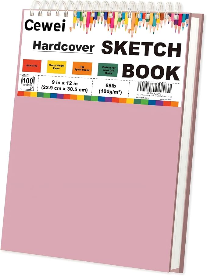 9"x12" Sketchbook Pink, 1 Pack-100 Sheets Cute Sketchbook for Girls, 68lb/100gsm Pink Sketch Book, Spiral Drawing Pad, Art Supplies for 9-12 Girls.