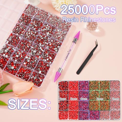 Canvalite 25000PCS Resin Jelly Rhinestones for Crafting,Red Flatback Gems, Bedazzling Crystal with 5Pcs 2.5g B7000 Jewelry Glue and Tweezers and Dotting Pen for DIY Crafts Clothing Shoes Nail Art
