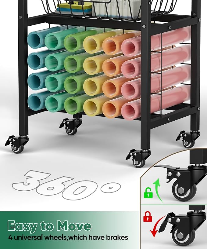 Queension Craft Cart with Wheels for Cricut Machines, Craft Organization and Storage Stand with Basket, Cutting Machine Stand for Cricut Accessories, Vinyl Roll Organizer, Black