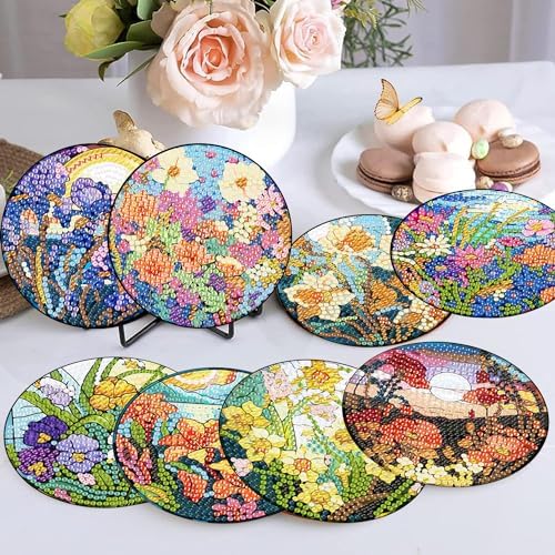 8 Pcs Diamond Art Coasters Kit for Adult with Holder, Diamond Coaster 4x4in