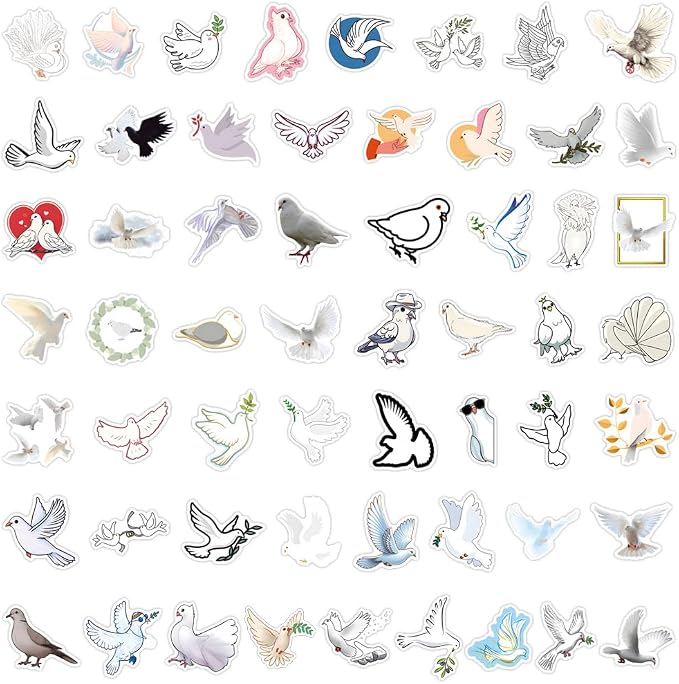 55PCS White Dove Stickers, Waterproof Vinyl Decals, Peace Bird Stickers for Water Bottles, Laptops, Scrapbooking (Dove)