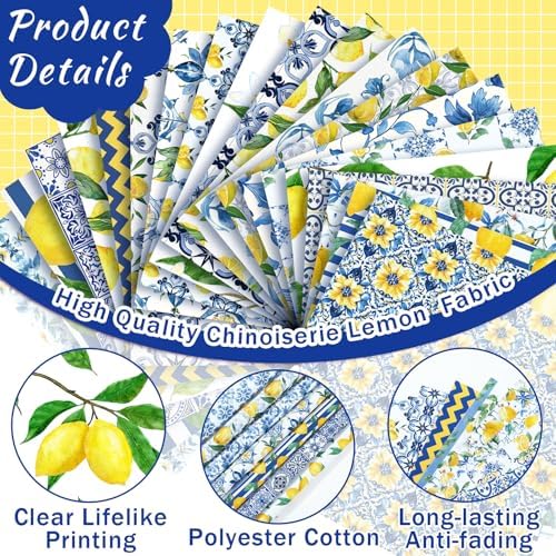 HunnmingRe 20 Pcs 10''x10'' Mediterranean Lemon Quilting Fabric Squares