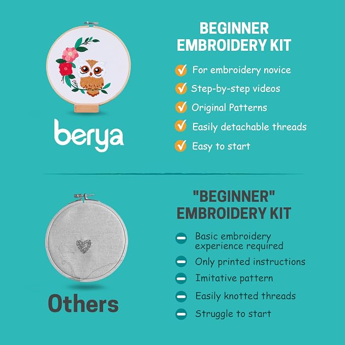 BERYA Owl Embroidery Kit, Embroidery Kit for Adult, Owl Pattern Practice Kit, Including Video Step by Step Instructions, Embroidery Hoop, Cloth, Needles and Thread for DIY Craft Lover (BEO013)