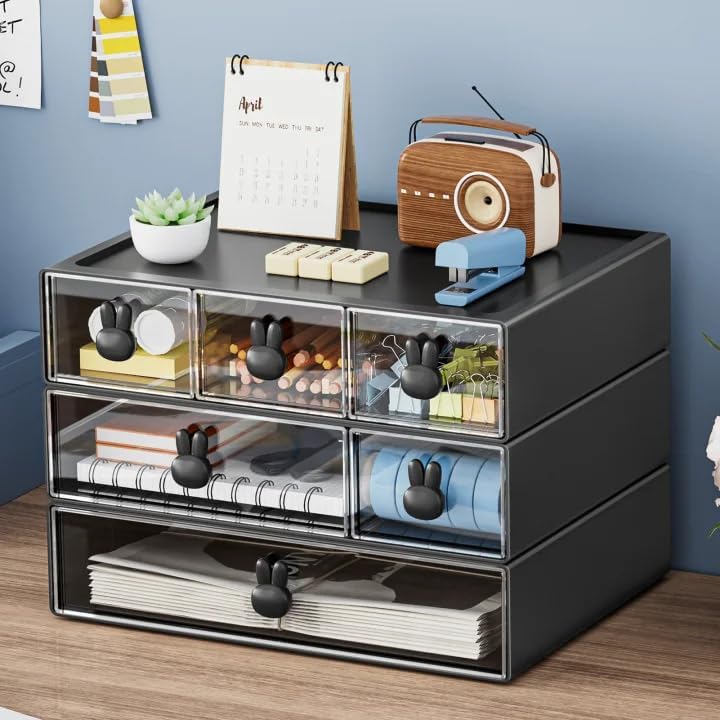 Marbrasse Desk Organizer with 6 Drawers, 3 Tier Stackable Storage Drawers Plastic Makeup Storage, Office Organizers and Storage, Desk Storage Box for Office, School, Home Black