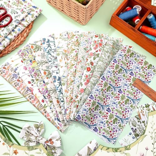 HunnmingRe 20 Pcs 10''x10'' Wildflower Quilting Fabric Square Wildfloral Precuts Quilted Fabric Bundle Flower Butterfly Printed Sewing Material for Spring Summer Holiday Patchwork DIY Craft Supplies