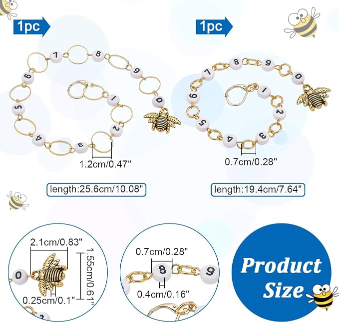 NBEADS 2 Pcs 2 Styles Bees Charm Knitting Row Counter Chains, 0~9 Number Stitch Markers Acrylic Beads Crochet Stitch Marker Charms for Knitting Weaving Sewing Quilting Handmade Jewelry