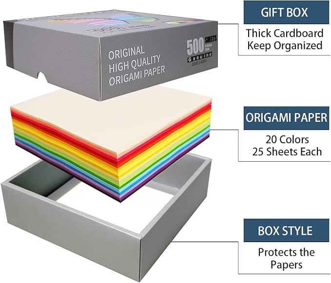 Origami Paper 500 Sheets, 20 Vivid Colors, Double Sided Colors Make Colorful and Easy Origami,6 Inch Square Sheet, Papers, Arts and Crafts Projects (E-book included)