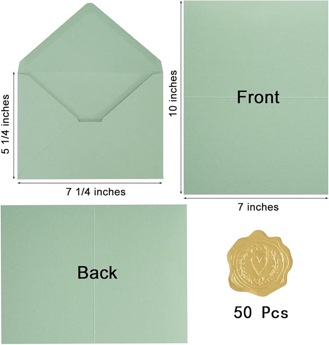 50 Pack Sage-Green A7 Envelopes with Cards and Gold Stickers, 5x7