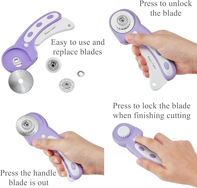 Headley Tools 39 Pcs Rotary Cutter Set - Quilting Kit incl. 45mm Fabric Cutter with 5 Extra Blades, A4 Cutting Mat, 2 Craft Knife Set, Sewing Clips, Ideal for Crafting, Sewing, Patchworking Purple