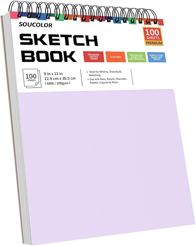 Soucolor 9x12 Sketch Book 2-Pack, 100 Sheets, Acid-Free, Spiral Bound | 68lb acid-free paper, micro-perforated pages, lay-flat spiral binding, great for kids, students& artists. Blue& purple 2-pack