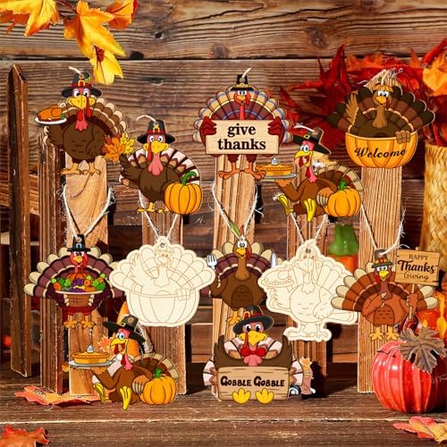 80PCS Wooden Thanksgiving Decoration Turkey Ornaments to Paint Thanksgiving Ornaments for Tree Crafts Cutouts Unfinished, DIY Blank Fall Unfinished Turkey Pumpkin Ornament for Home Harvest Hanging
