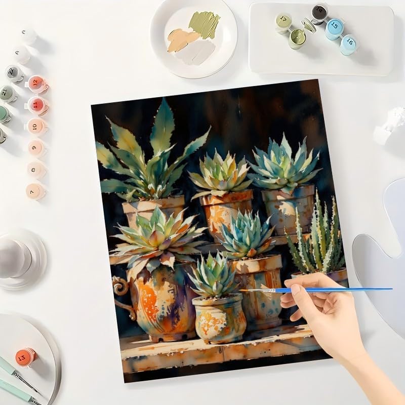 Terracotta Succulents Paint by Numbers Kit for Adults - DIY Rustic Potted Plants Painting on Canvas 8x12In, Framed Acrylic Paint Set, Suitable for Beginners, Garden Art for Home Decoration/Gifts