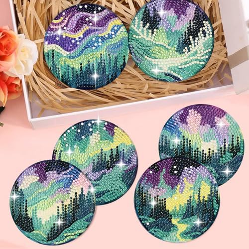 8 Pack Diamond Art Coasters,Northern Lights Diamond Painting Coasters Kits