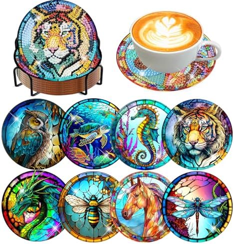 8 Pcs Diamond Art Coaster Kit for Adult with Holder, Diamond Coasters 4x4in