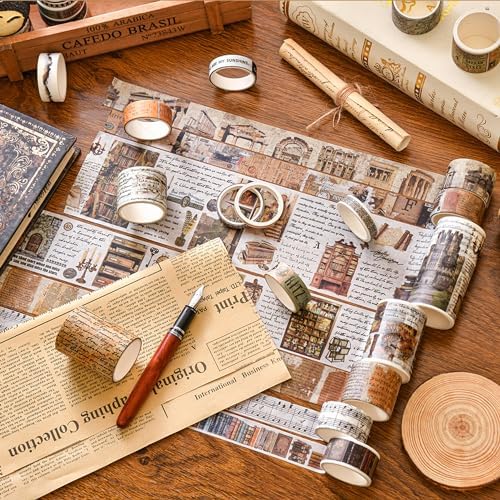 18 Rolls Vintage Washi Tape Pack Retro Arts Adhesive Tapes Wide Monologue Decorative Masking Tape Sets for Craft, Kids, Scrapbook, DIY, Gift Wrapping (Past Events)