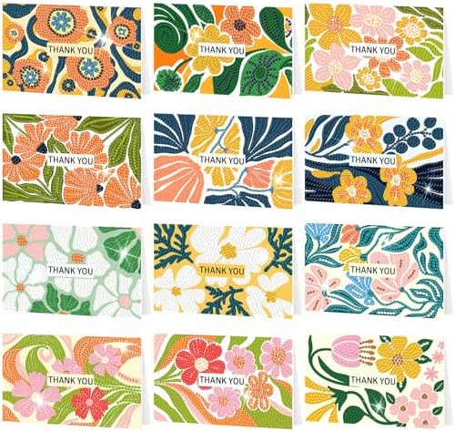 Saillong 12 Pack Thank You Diamond Painting Greeting Card Kit DIY Spring Flower Diamond Art Cards with Envelope Teacher Appreciation Gift 5D Rhinestones Painting Making Kit for Adult Teacher DIY Craft