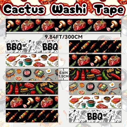 12 Rolls Watercolor BBQ Themed Washi Tape Set,6 Design Grilling Decorative Tape Summer Food Theme Masking Tape for Journaling Supplies, Scrapbooking, DIY Arts & Crafts, Planner, Gift Wrapping