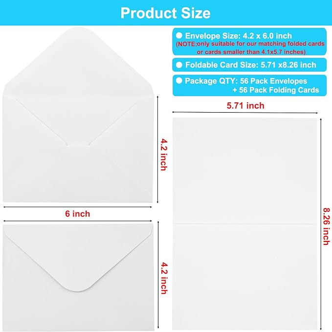 56 Pack Blank Cards and Envelopes 4.2 x 6.0 inches, White Blank Note Cards Greeting Card and Envelope Set, Folded Cardstock with Envelopes for DIY Greeting Card, Thank You Card, Invitations