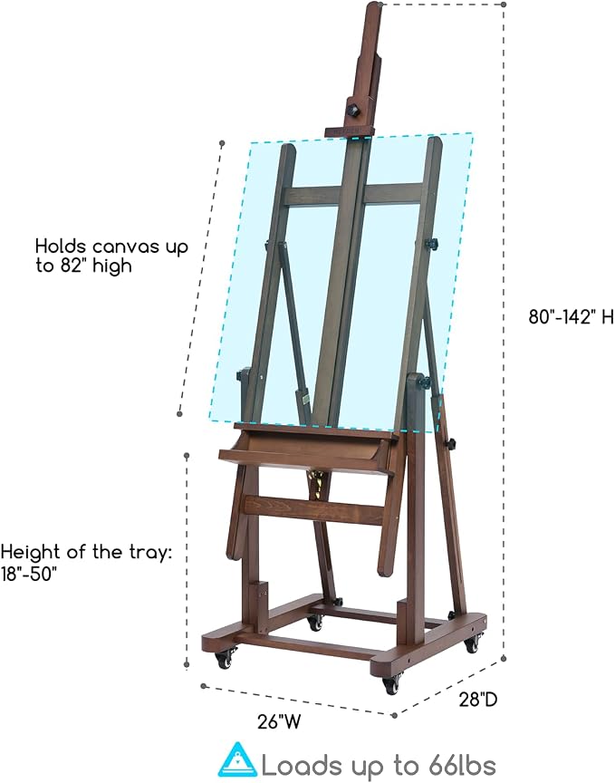 MEEDEN Extra Large Art Easel: H-Frame Wooden Heavy Duty Painting Easel | Solid Beech Wood Artist Professional Easel - Studio Painting Easel Stand with 4 Wheels, Hold Max 82" - Walnut