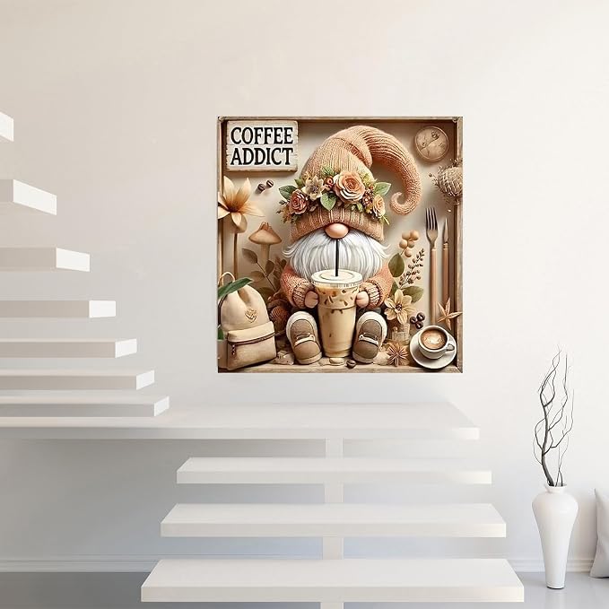 Diamond Art Kits for Adults,Gnome Drinks Coffee 5D Diamond Painting | 5D DIY Full Round Gem Crystal Art Paint by Diamond, Home Wall Decor 14x 14 in
