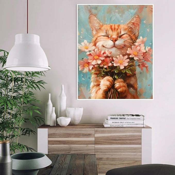 DIY Cat and Flower Paint by Numbers Kits for Adults, Painting by Numbers for Adult & Beginner on Canvas, Animal Oil Painting Kits Perfect for Home Decoration 16x20 Inch