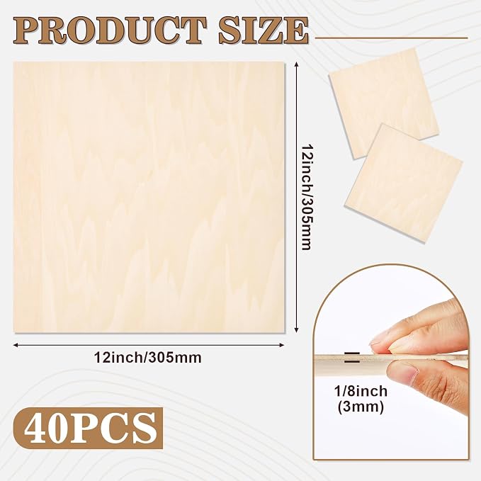 40 Pack Basswood Sheets for Crafts,12"x12"x1/8" 3mm Thick Plywood Sheets with Smooth Surfaces-Unfinished Squares Wood Boards for Laser Cutting, Wood Burning, Architectural Models, Staining