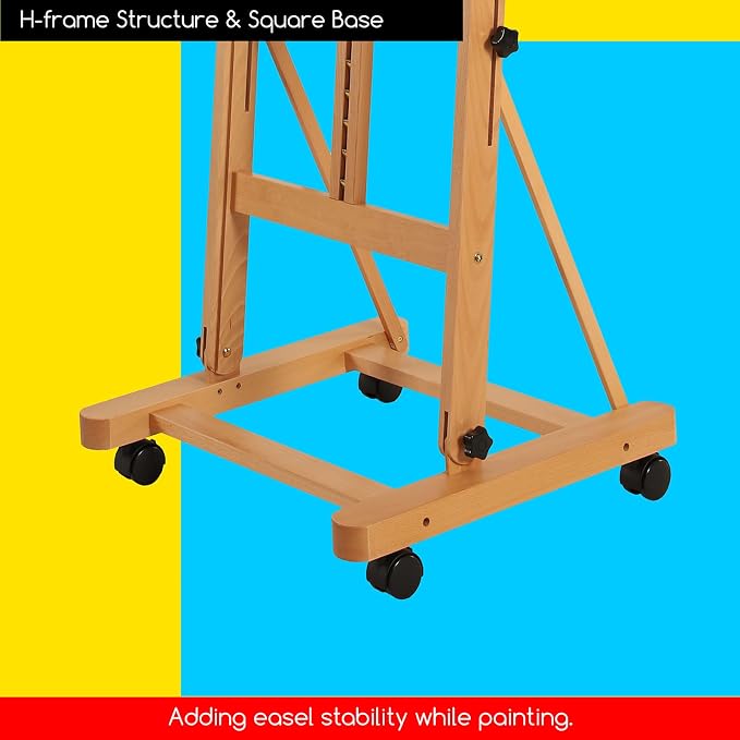 MEEDEN Studio Wood H-Frame Easel: Art Easel with Storage for Artist | Wooden Artist Painting Easel on Wheel - Floor Easel with Movable Tilting for Adults Artist Art Students Beginners Natural