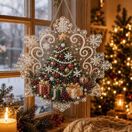 LJSCQF Christmas Pearl Diamond Painting Suncatcher Kit, DIY Craft | Pre-Assembled Metal Chain, Acrylic Snowflake Shape Board with Lace Edge, 3D Mixed-Sized Pearl Beads Craft (Style B, 12IN)