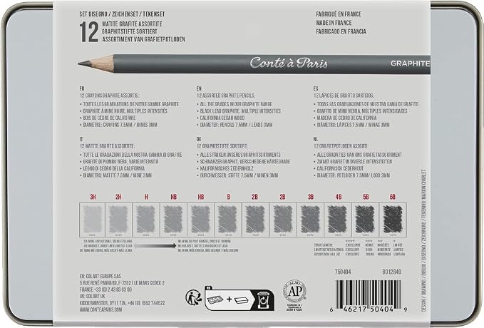 Conté à Paris 12 Count Assorted Graphite Pencil Drawing Set | Multiple Drawing Grades, Smooth Laydown And Easy Blending, Ideal For Shading Detail And Technical Sketching