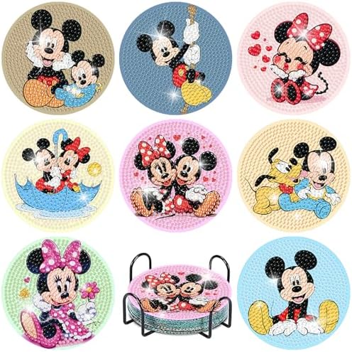 nekpiahu 8Pcs Cartoon Diamond Painting Coasters with Holder,DIY Cartoon Life Coaster Diamond Art Kits for Adults, Beginners Round Full Drill Diamond Art Craft Supplies