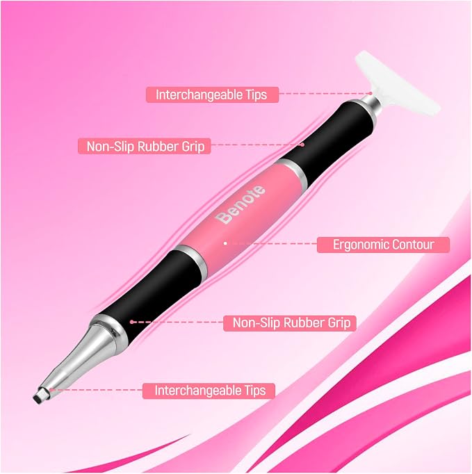 benote Ergonomic Diamond Art Painting Pen, Diamond Art Pen with Dual Rubber Metal Screw In Tip Round And Square Rhinestone Picker Tool for Arts DIY Craft - B10 Pink