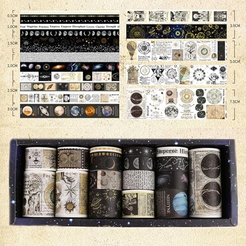 18 Rolls Vintage Washi Tape Pack Retro Arts Adhesive Tapes Wide Monologue Decorative Masking Tape Sets for Craft, Kids, Scrapbook, DIY, Gift Wrapping (Universe Milky Way)