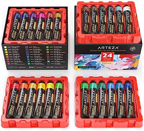ARTEZA Acrylic Paint Set, 24 Colors, 22 ml / 0.74 oz Tubes, High-Viscosity