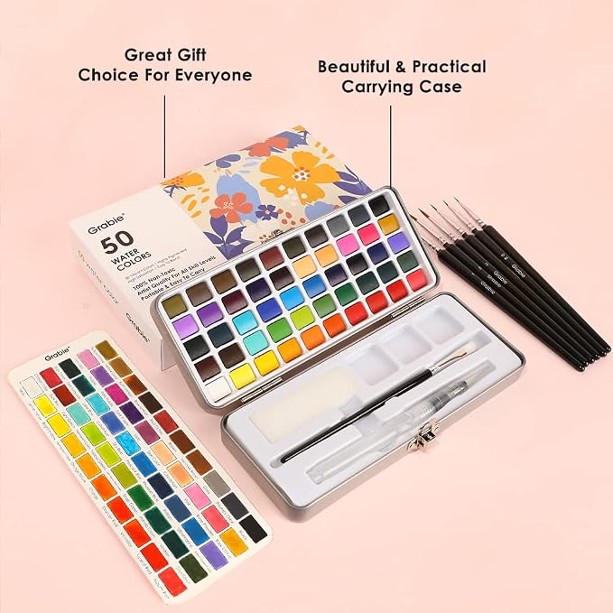 Grabie 50 Color Watercolor Paint Set with Detail Paint Brushes | High Pigment Paints, Blendable Colors, Portable Travel Case, Painting, Sketching, Illustration, Beginner And Hobby Artists