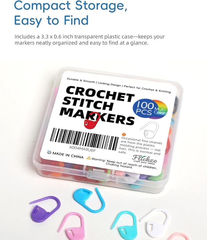 100PCS Crochet Stitch Markers by Flickzo – Locking Stitch Markers with Storage Case, Plastic Safety Pins for Knitting & Crochet, Colorful Yarn Accessories for Crochet Tools & Supplies