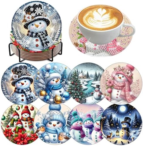 ijbnhd 8 PCS Christmas Diamond Art Coasters Christmas Snowman 4x4 inch