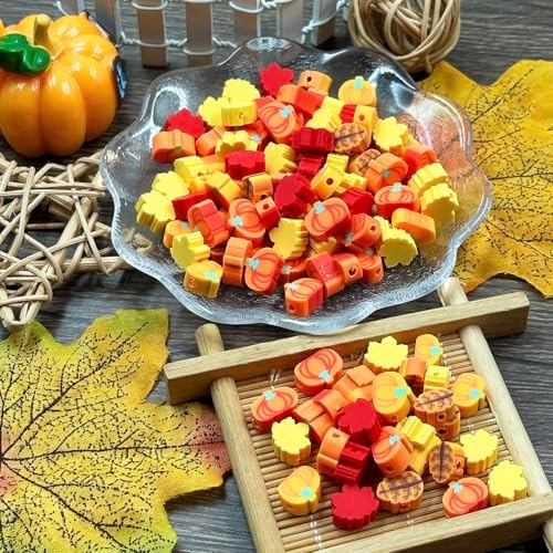 Polymer Clay Fall Pumpkin Maple Loose Spacer Beads, 10mm Thanksgiving Autumn Maple Leaves Pumpkin Beads Charms for DIY Hair Clip Necklace Bracelet Jewelry Earring Handmade Craft Making