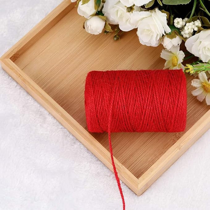 KINGLAKE Natural Jute Twine - 328 Feet, Durable Packing String, Arts & Crafts Gift Twine, Red