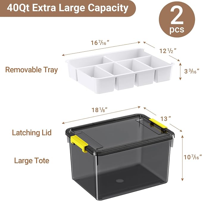 80Qt Stackable Storage Bins with Lids Trays Craft Box Organizers, 2Pack, GY